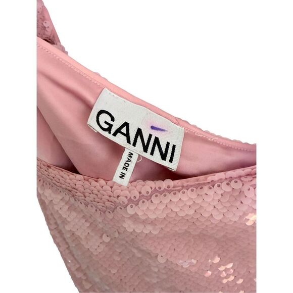 Ganni Satin Sequin Ruffled Trimmed Square Neck Mini Dress Women's Pink Size 42 - Picture 3 of 6